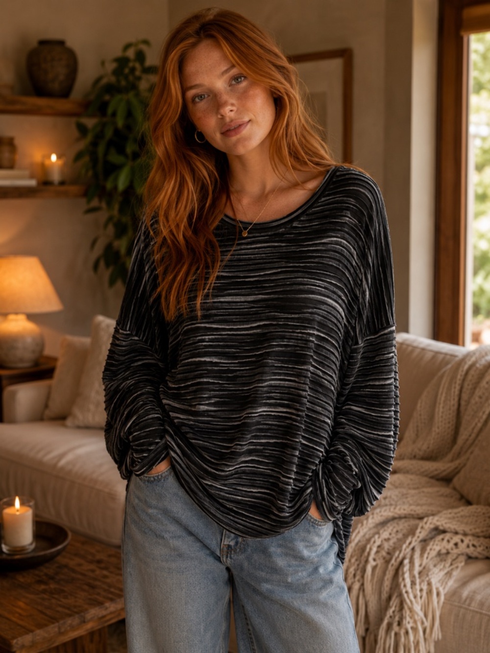 Pier Antonio Gaspari Black and Grey Textured Striped Long Sleeve Blouse